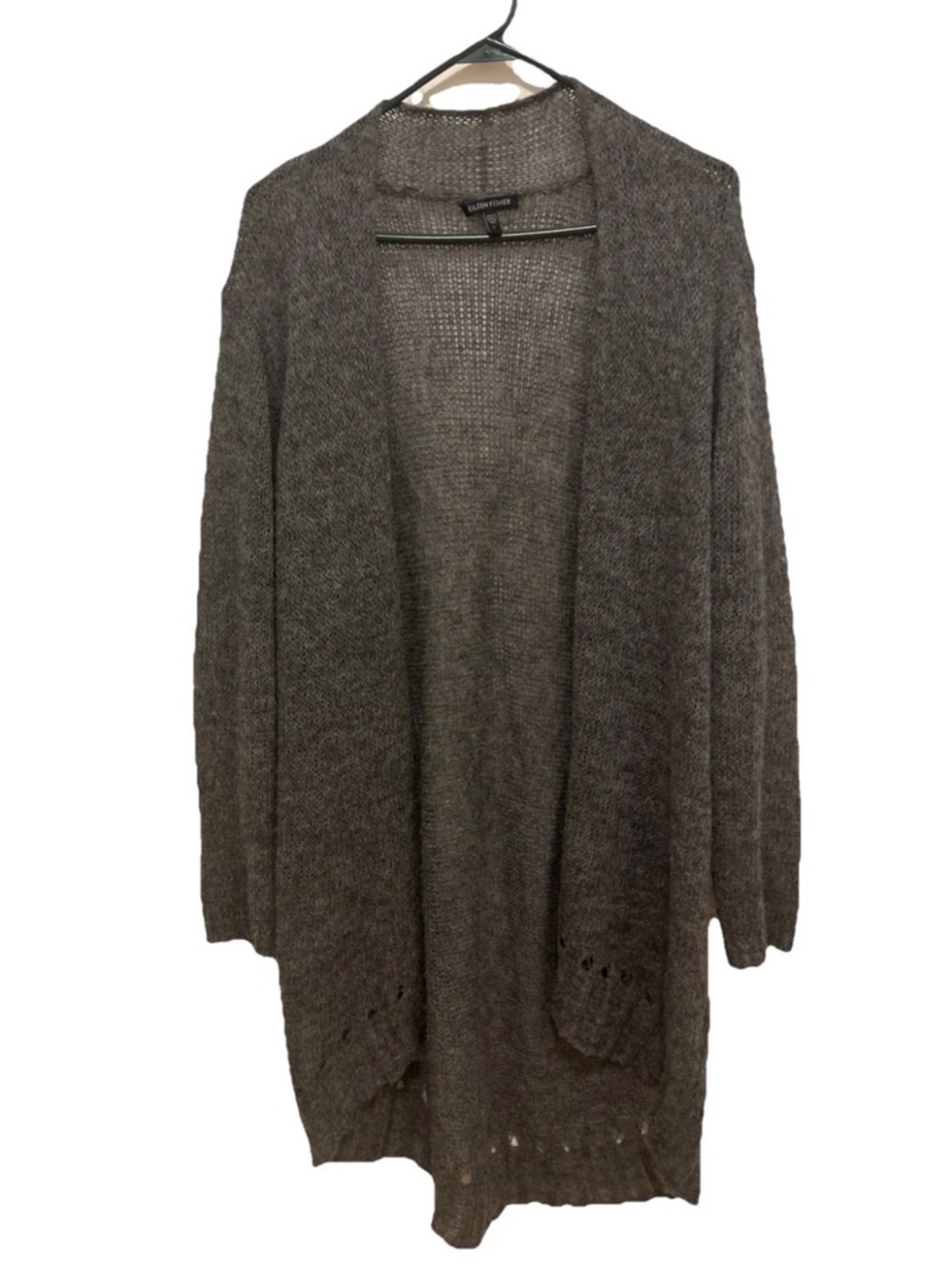 Eileen Fisher Gray Open-Front Knit Cardigan Sweater Wool Linen Alpaca LARGE